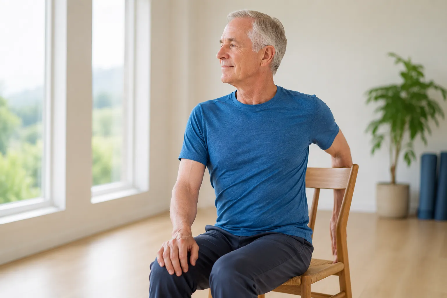 Senior practicing a gentle seated twist in chair yoga, with hands resting on the chair for support