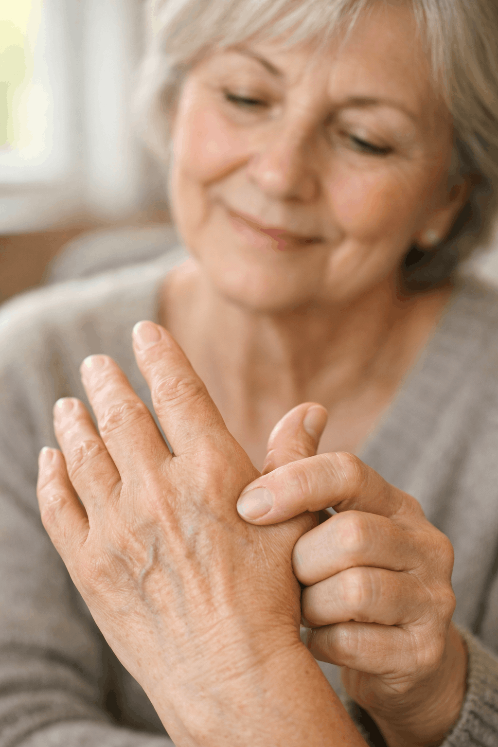 Close-up demonstration of the Hegu acupressure point location between thumb and index finger