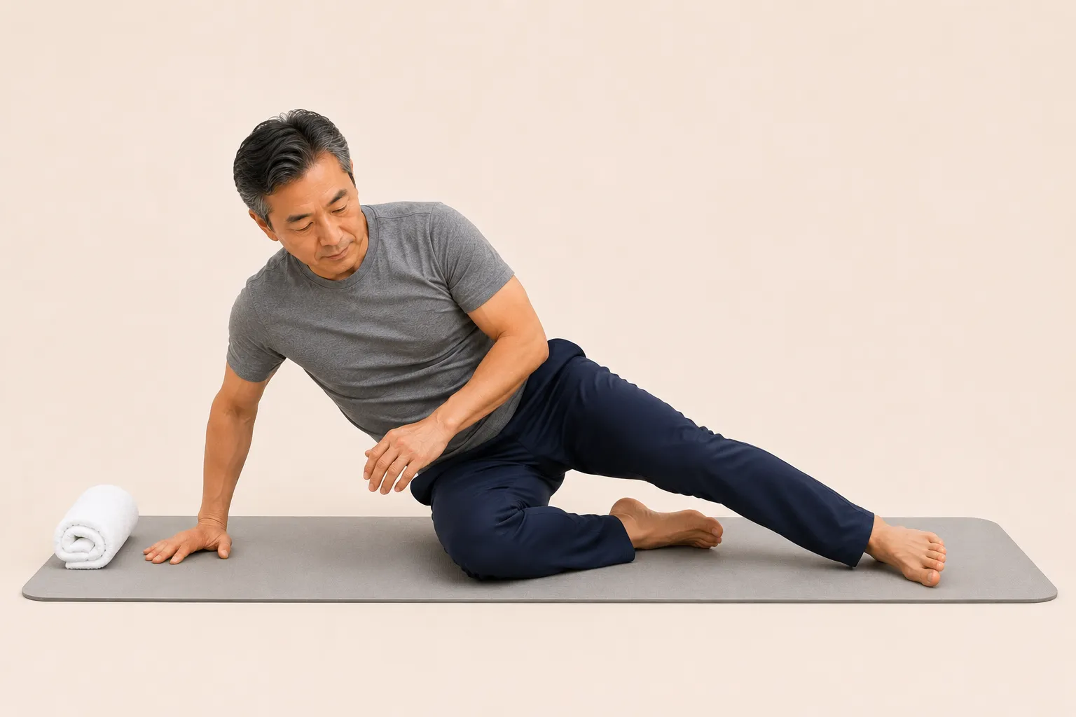 Senior rolling onto one side to get up safely after finishing the Fukutsuji towel exercise