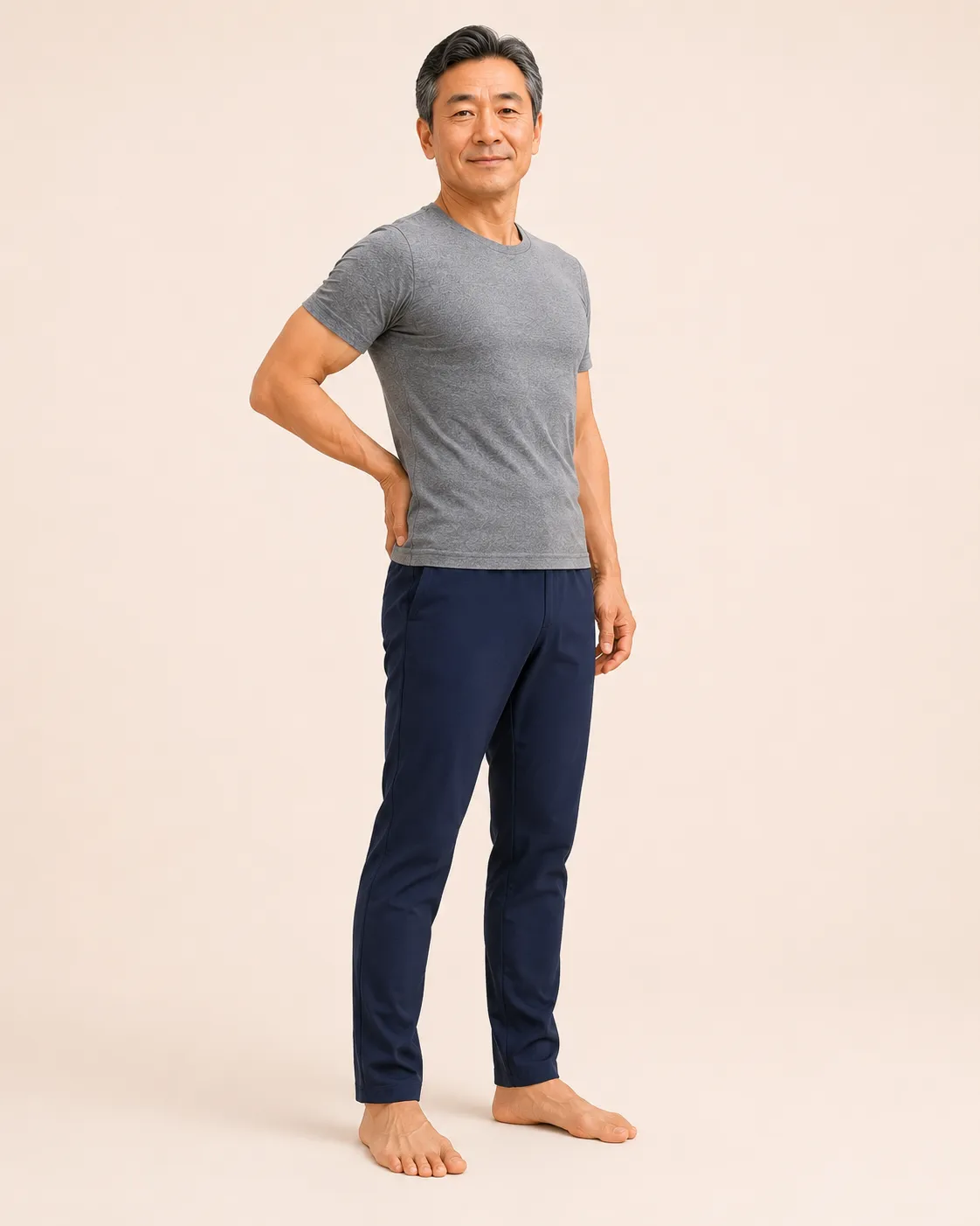 Older adult standing tall with an open chest and aligned posture after practicing the Fukutsuji method