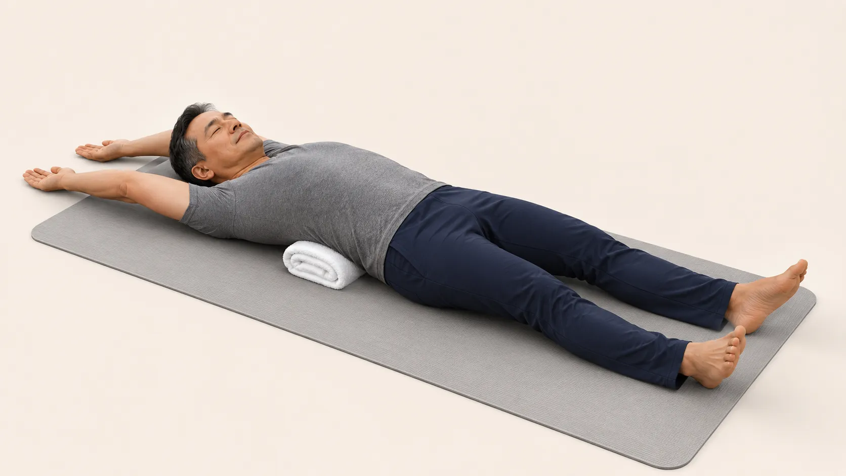 Older adult lying on the floor with a rolled bath towel under the lower back, practicing the Fukutsuji method
