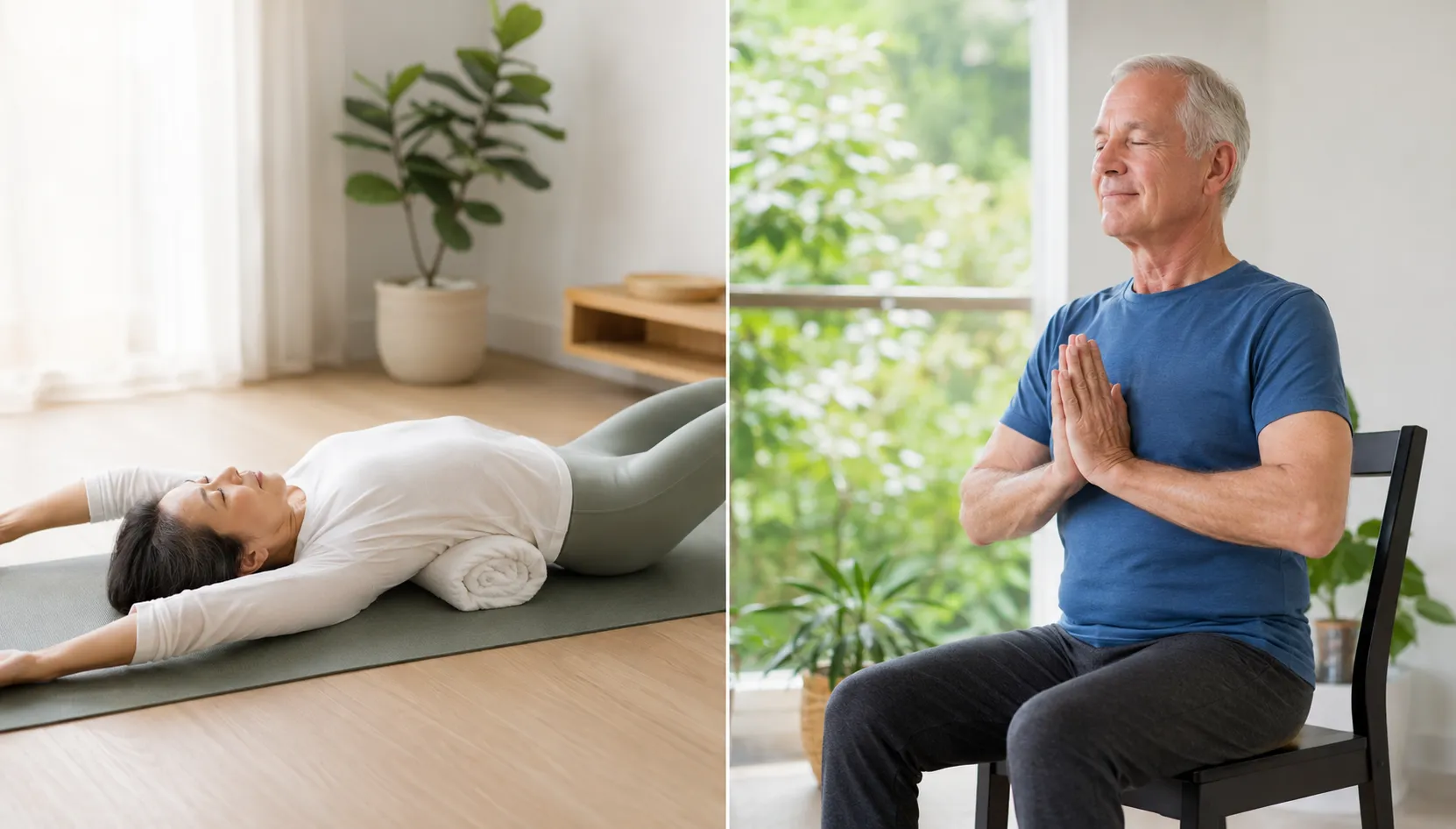 Side-by-side comparison of a senior performing the Japanese Fukutsuji towel stretch and a senior practicing gentle chair yoga