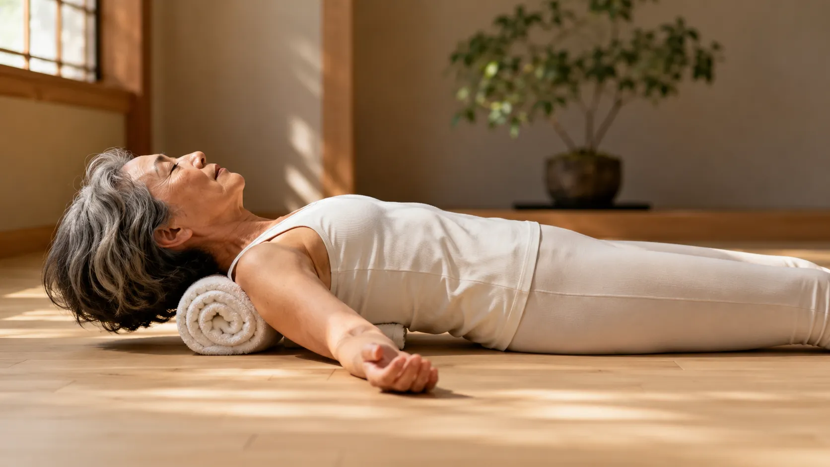 Older woman practicing the Japanese Fukutsuji towel exercise for better posture on a light wood floor