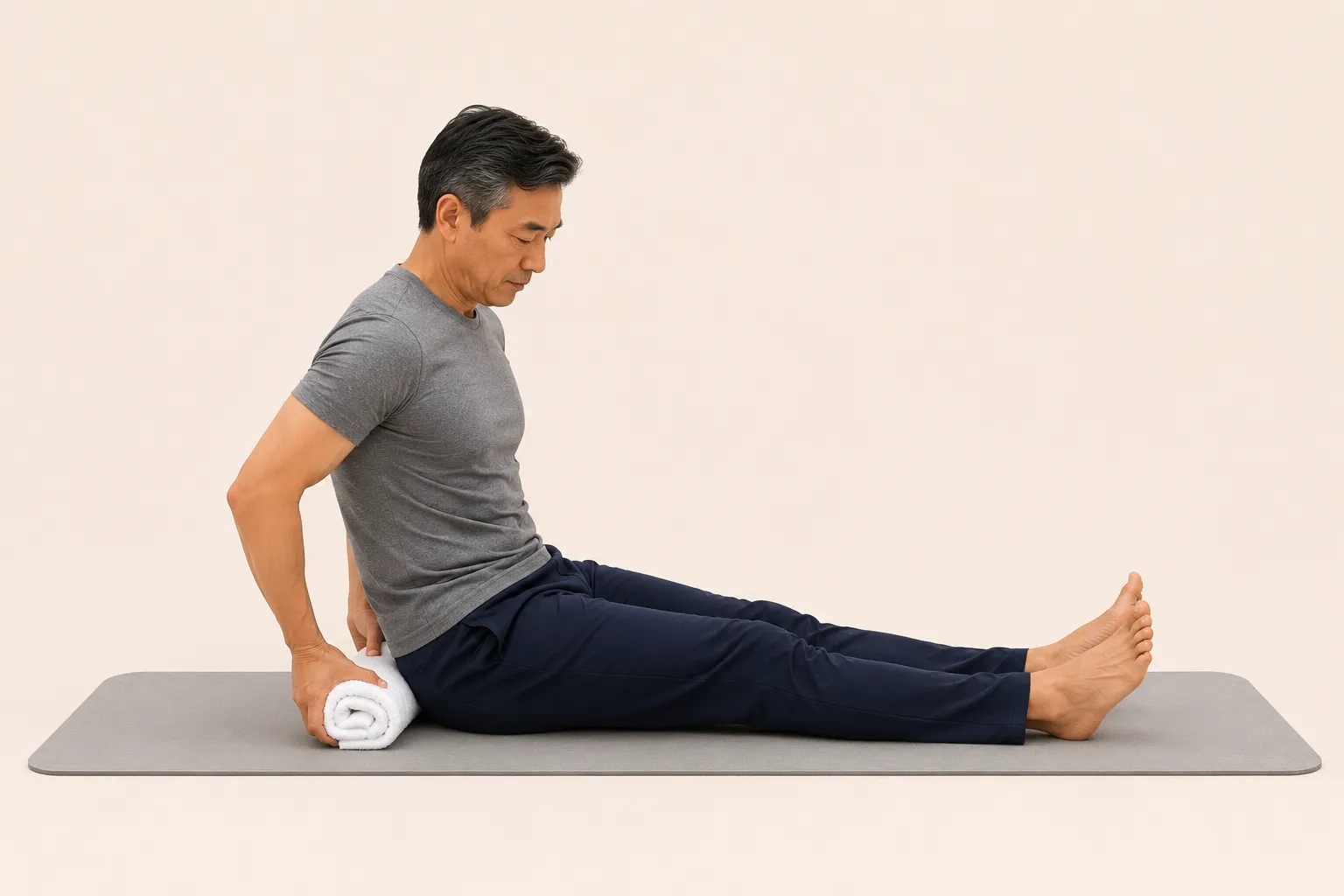Close view of a rolled towel positioned under the lower back at the level of the navel for the Fukutsuji method