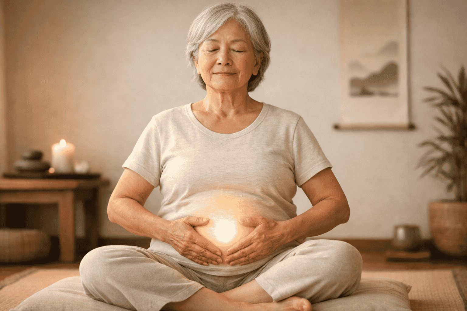 Person practicing peaceful breathing meditation in a serene setting, demonstrating Hara breathing technique