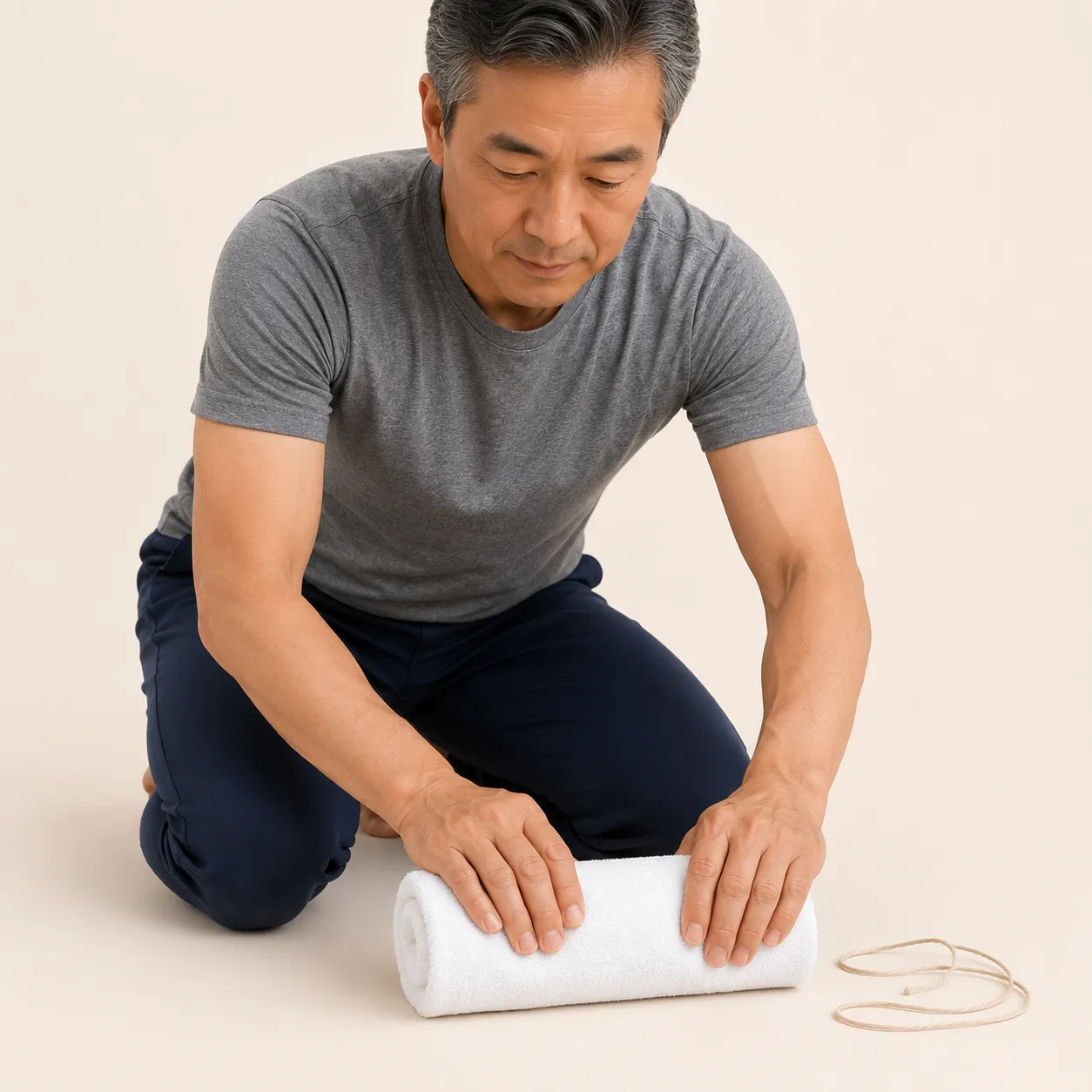Hands rolling a bath towel into a firm cylinder and tying it for the Fukutsuji method