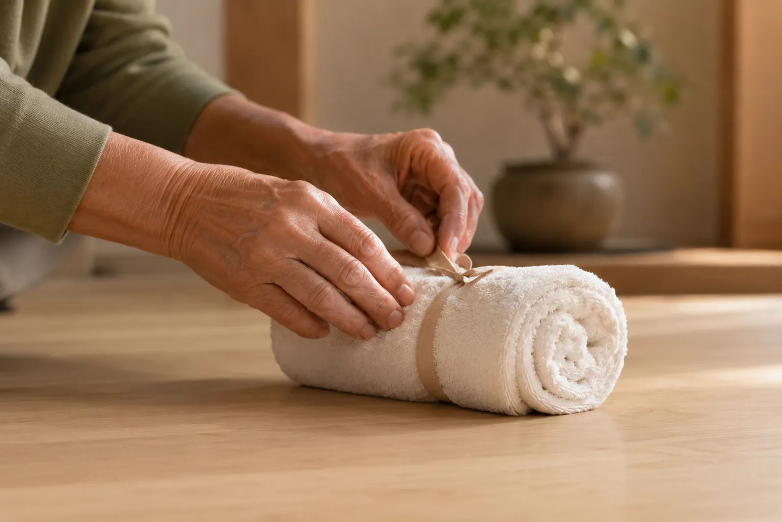 Hands rolling a white bath towel into a tight cylinder for the posture exercise