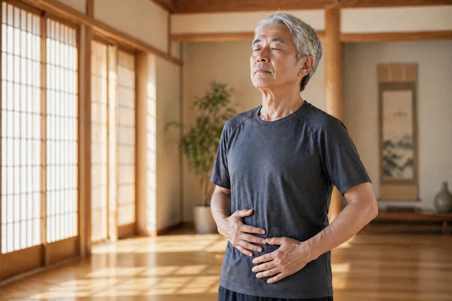 Senior practicing Japanese long breath method belly breathing technique with hands on lower abdomen