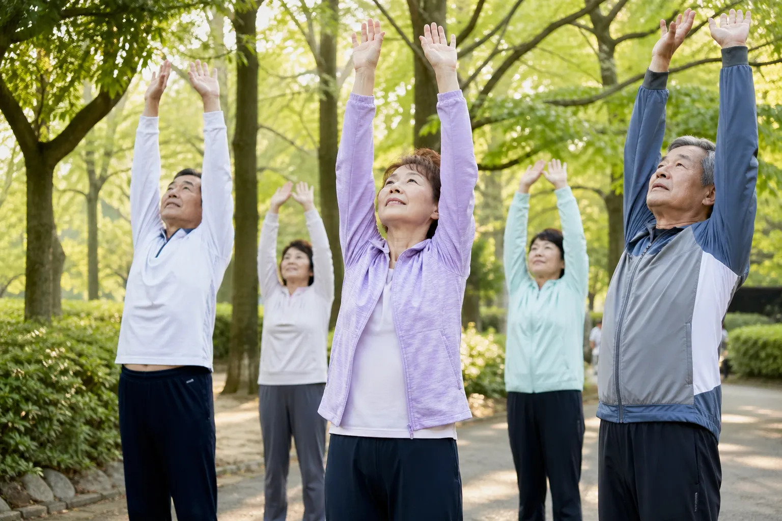 Senior person performing the Japanese long breath method exercise in a calm home setting