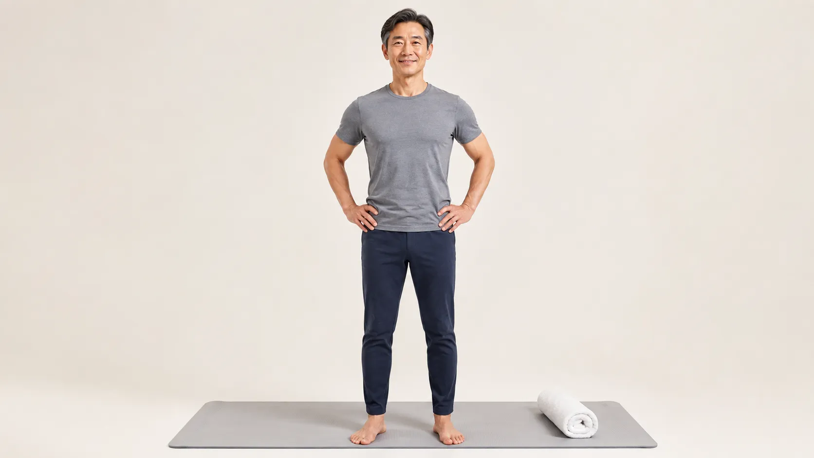 Older adult standing tall and relaxed on an exercise mat beside a rolled bath towel, ready to practise the Japanese towel method