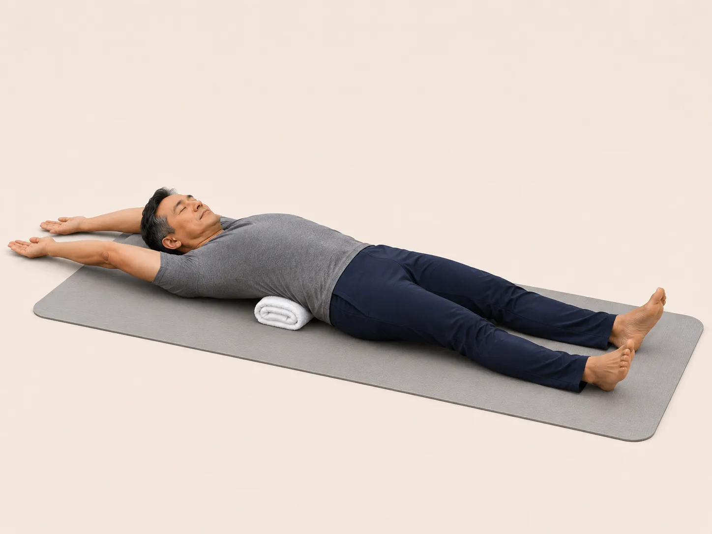 Senior in the full Fukutsuji position, legs straight with toes turned in and arms stretched overhead with little fingers touching