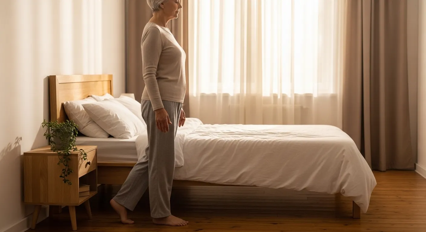 Person practicing Kinhin walking meditation at home in a calm morning setting