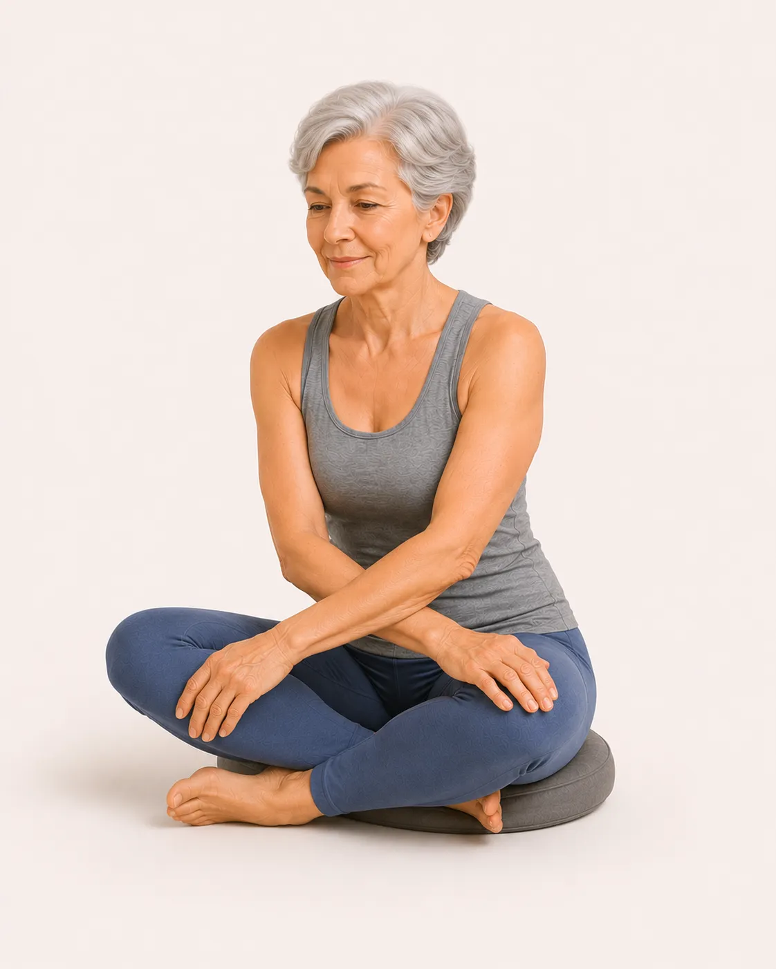 Senior sitting cross-legged on a mat, calm and ready to begin a gentle Makko-Ho stretching routine