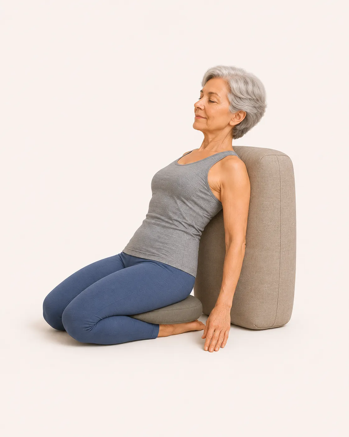 Senior kneeling in seiza and reclining back to gently arch the chest in the Makko-Ho back bend for the Heart and Triple Warmer meridians