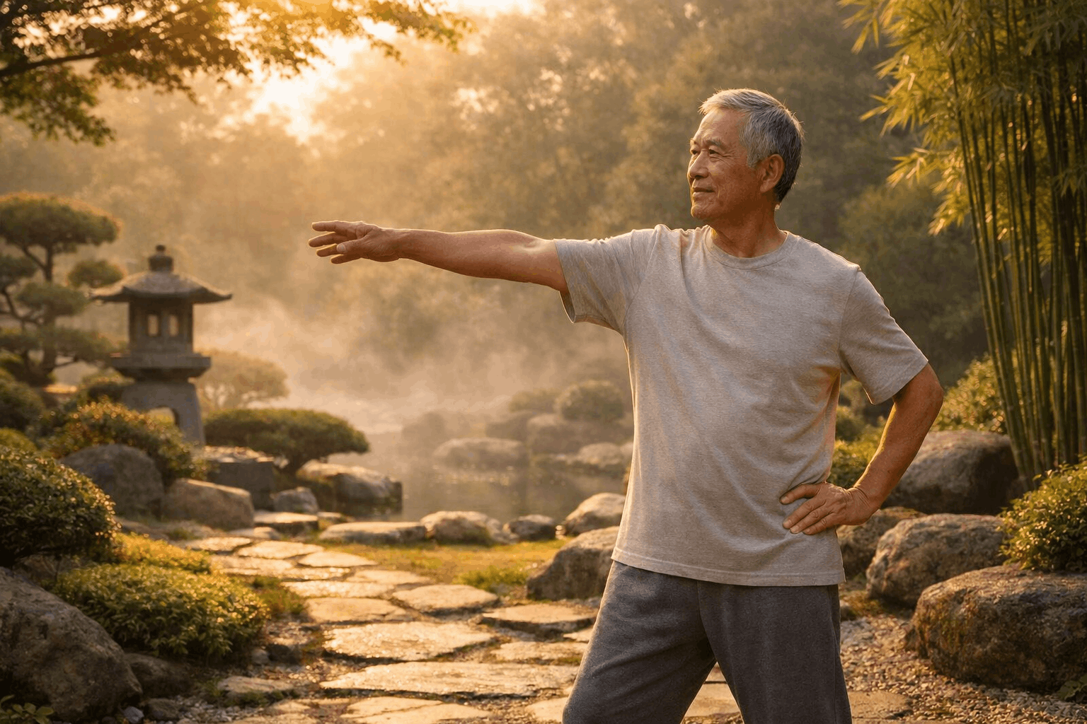 Person performing gentle morning stretches in a peaceful setting, demonstrating Asa no Taisō