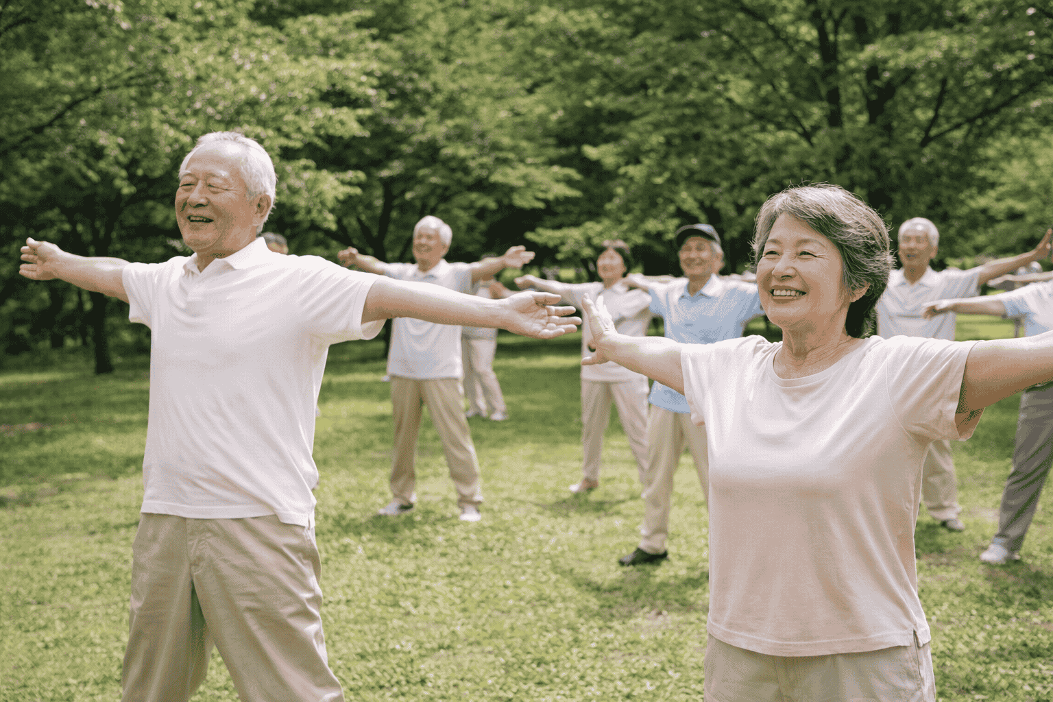 Senior Japanese people performing Radio Taiso morning exercises in a park