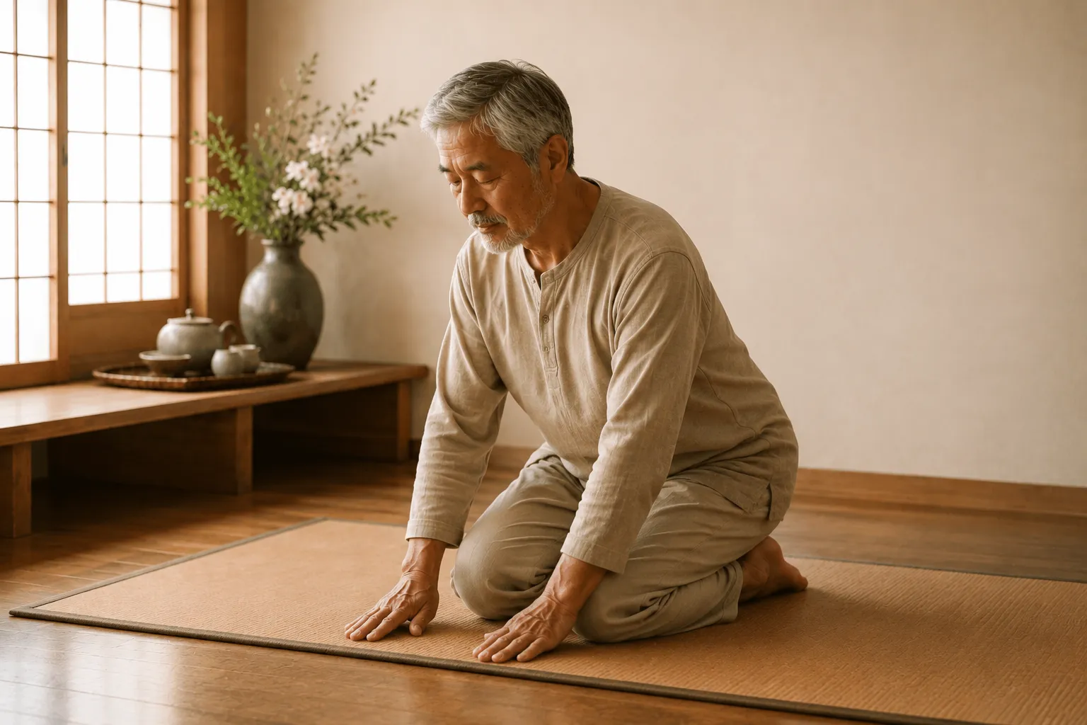 Senior beginning to kneel into the Seiza position on a soft mat, hands and knees on the floor
