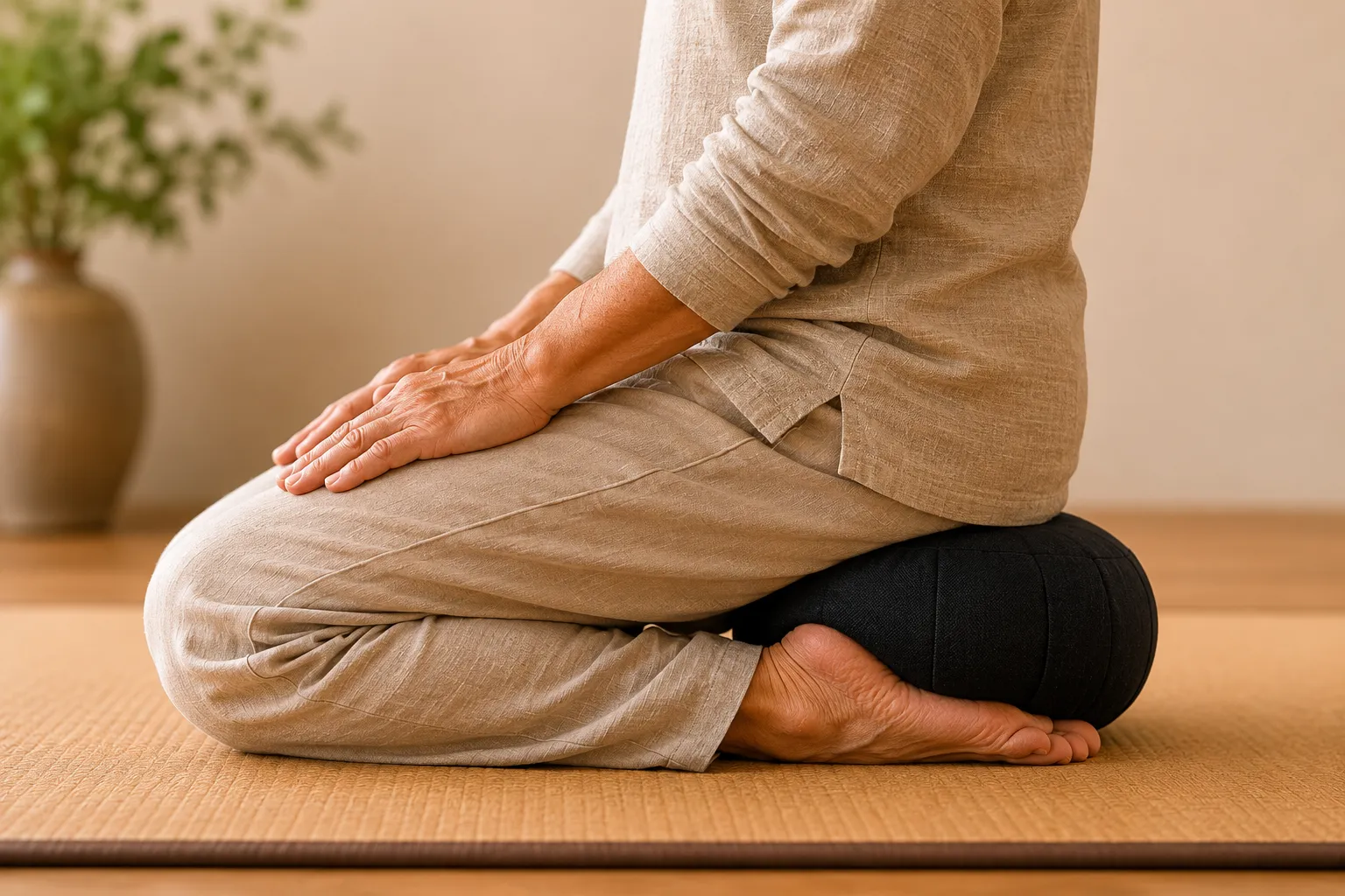Senior practicing Seiza on a round zafu meditation cushion to reduce strain on knees and ankles