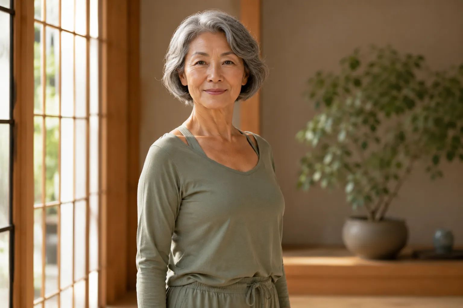 Senior standing taller with an open chest and relaxed shoulders after the towel posture exercise