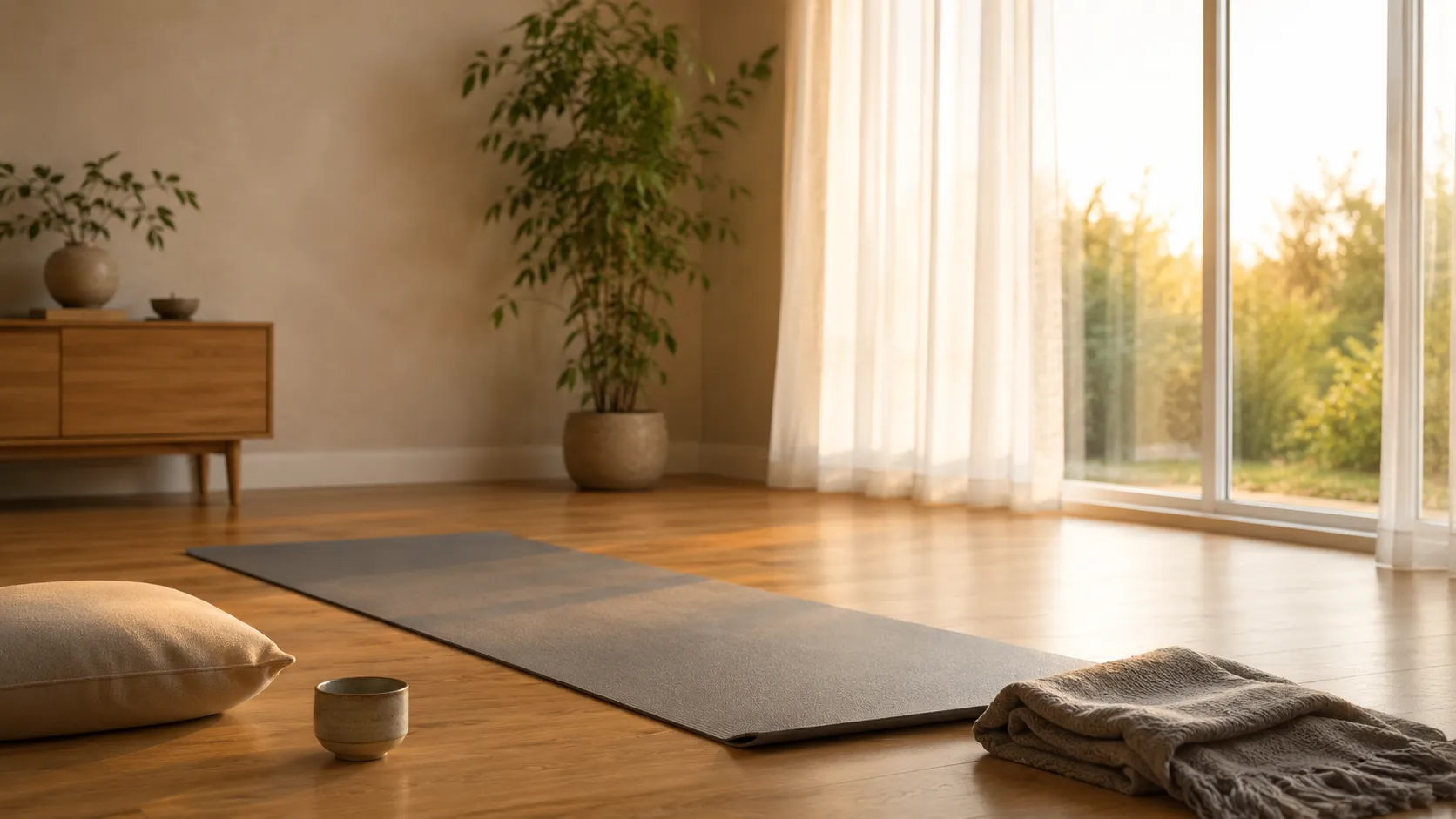 Yoga mat laid out in a sunlit living room, ready for a morning Sotai routine