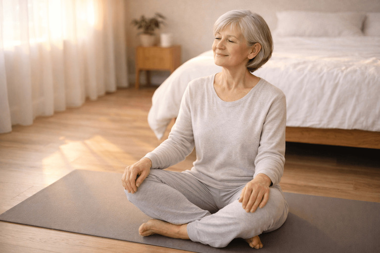 Person practicing Sotai natural movement therapy in a calm morning setting