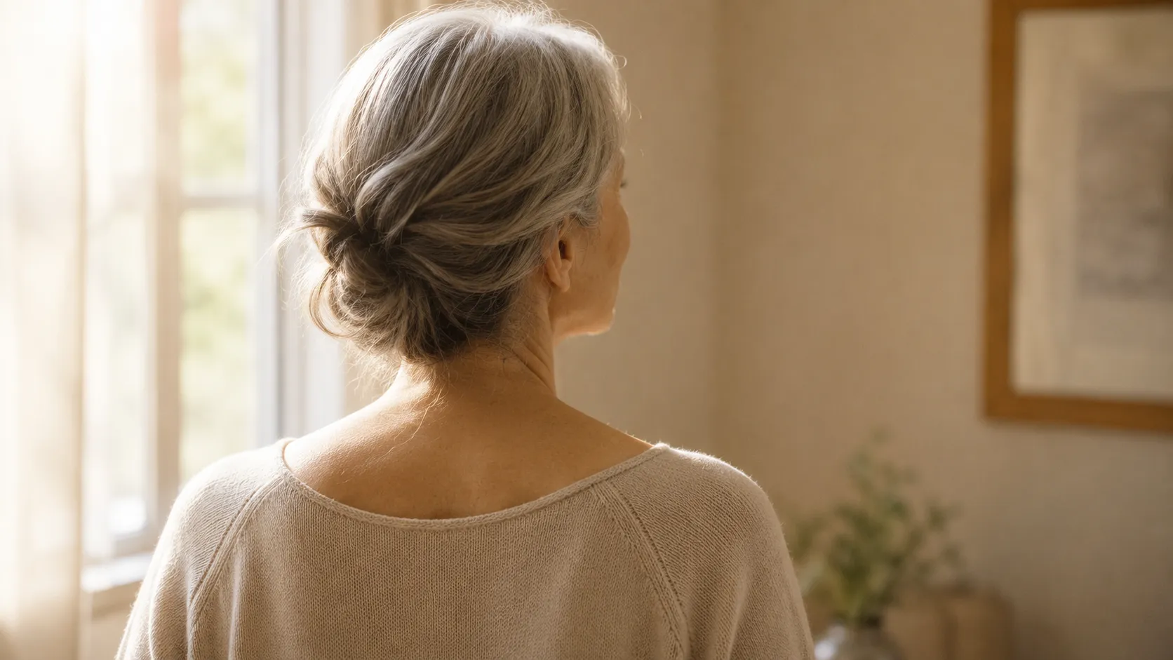 Senior woman from behind with relaxed shoulders and upright neck, illustrating a settled nervous system