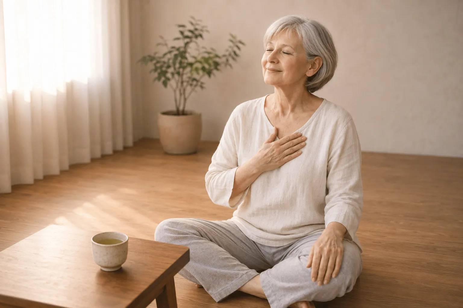 Senior woman sitting quietly on a wooden floor, listening inward to her body