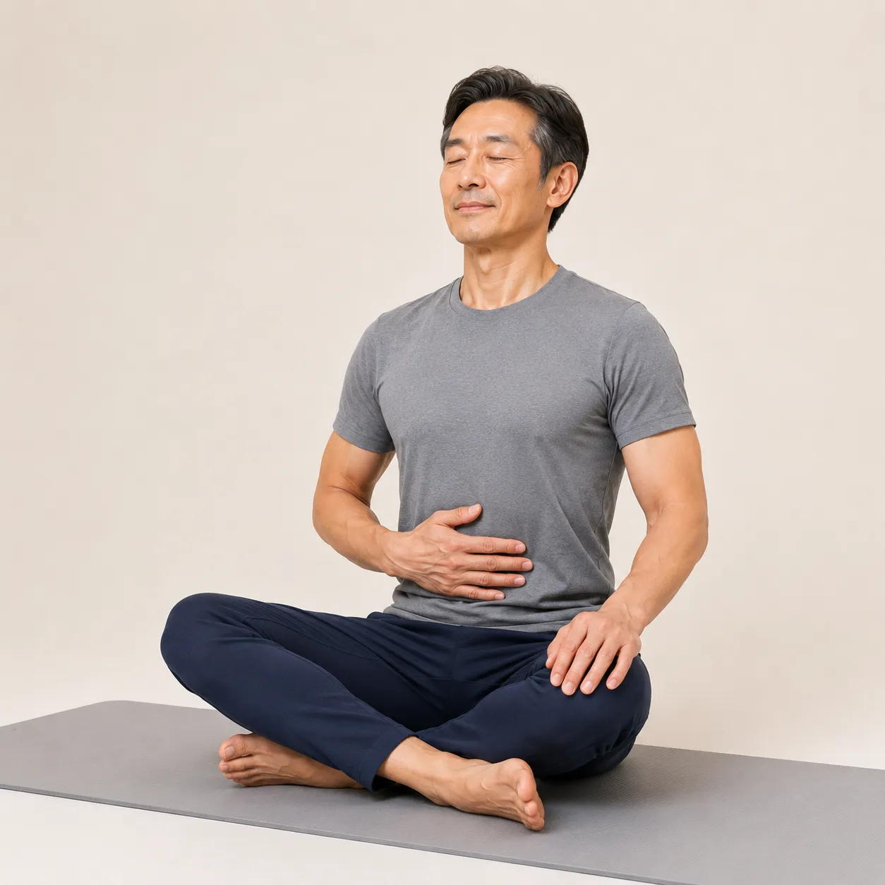 Older adult sitting cross-legged with one hand resting on the belly, breathing slowly with eyes closed