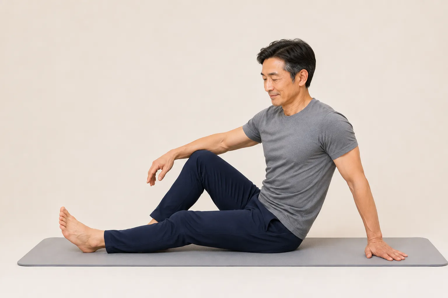 Older adult sitting on a mat with one hand on the floor, easing down slowly and safely into position