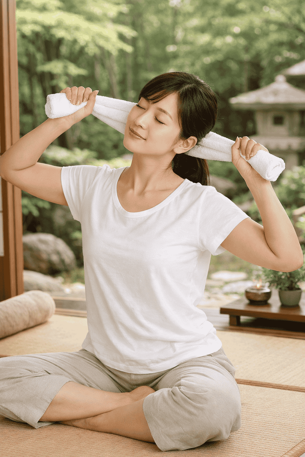 Person lying on their back with a rolled towel under their lower back, demonstrating the Fukutsuji method